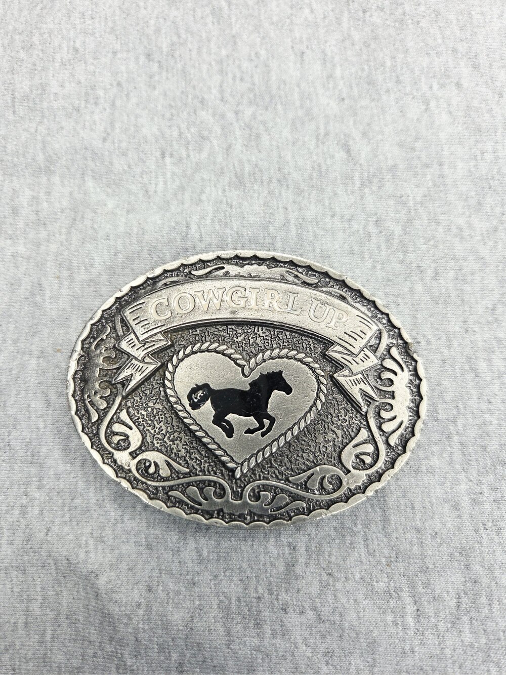Cowgirl Up Heart & Horse Pewter Womens Belt Buckle